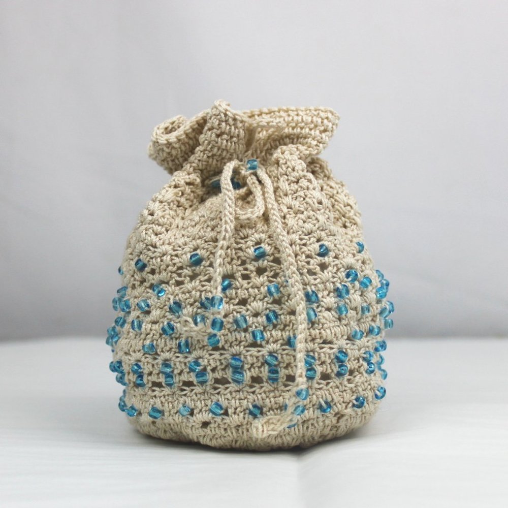 Blue Glass Beaded Cream Crochet Drawstring Pouch Bag - Picture 7 of 7